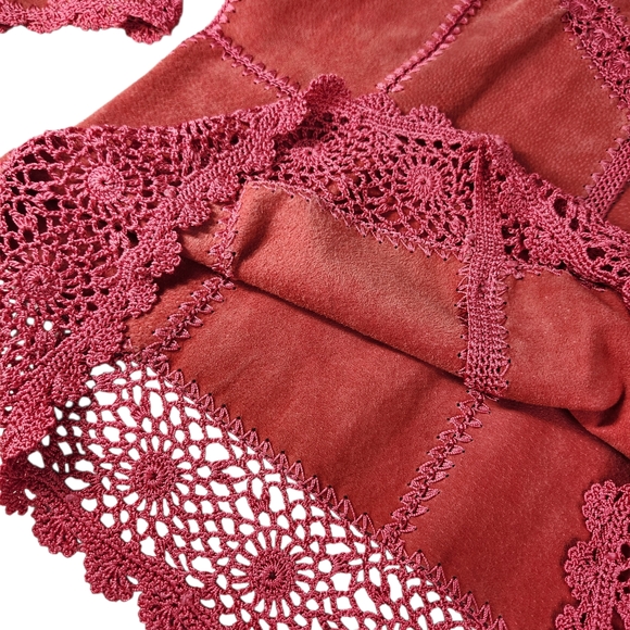 Vintage Suede Crochet Patchwork Jacket XL Boho Western Pink Coral Button Front - Picture 6 of 16